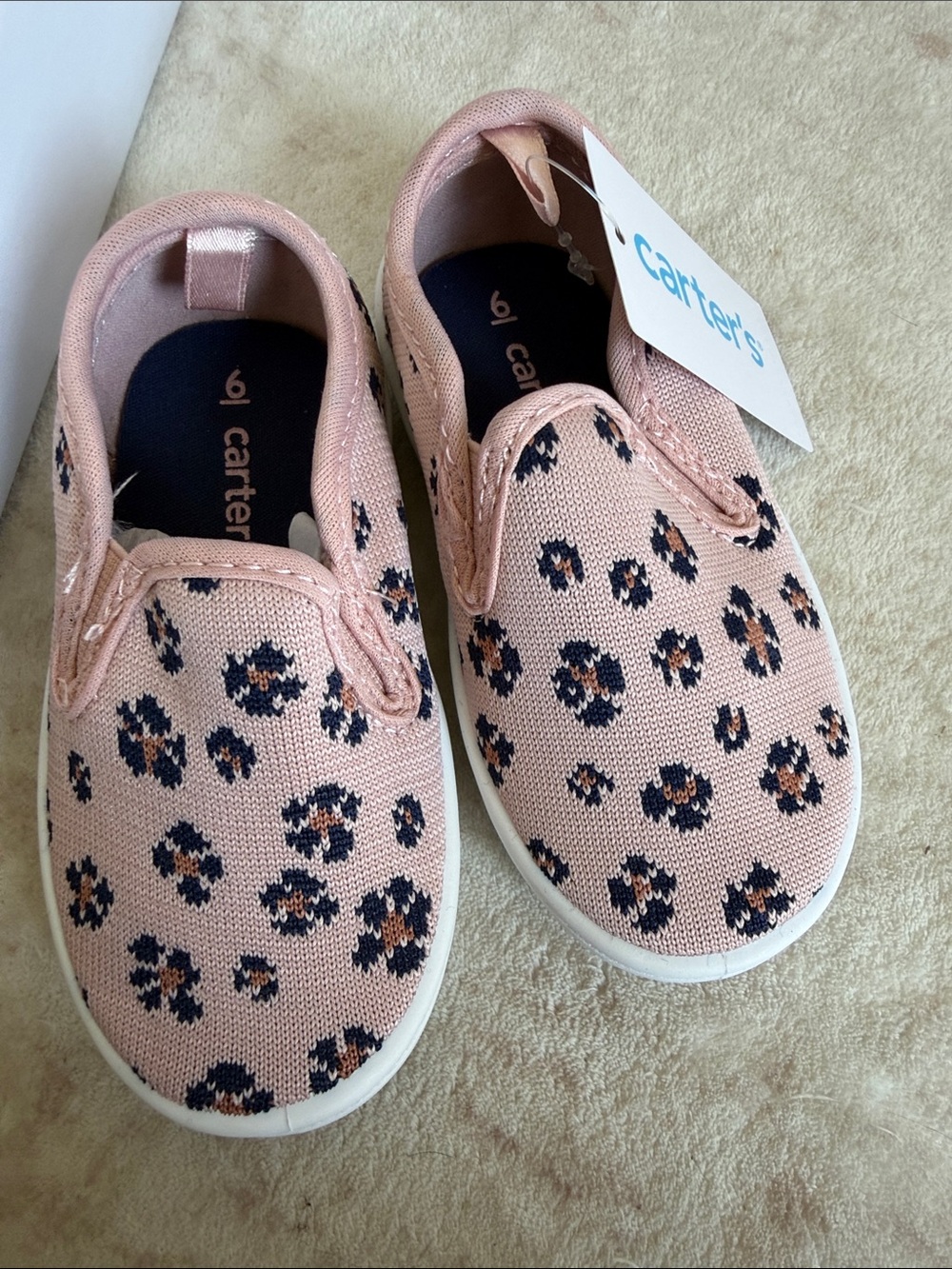 Carter's Pink Knit Slip-On Sneakers with Navy and Tan Leopard Spots